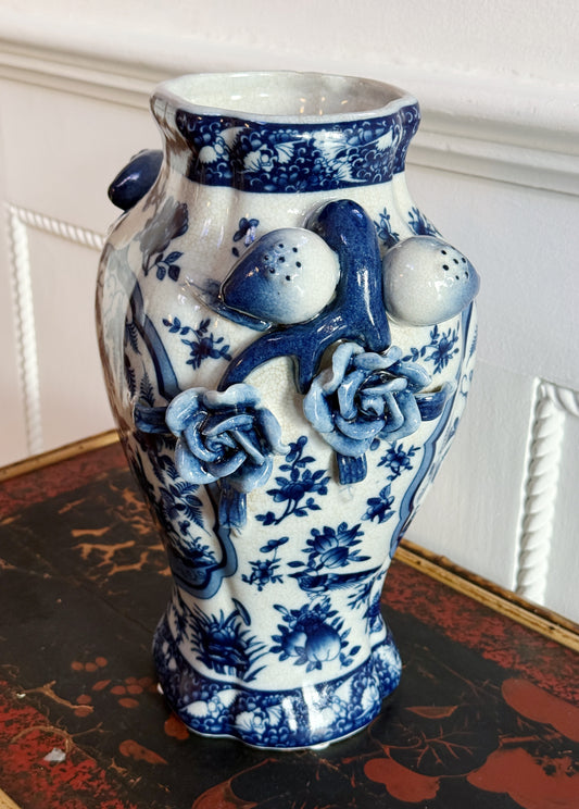 Blue & White Porcelain Bird Vase with Sculptural Pomegranate Handles