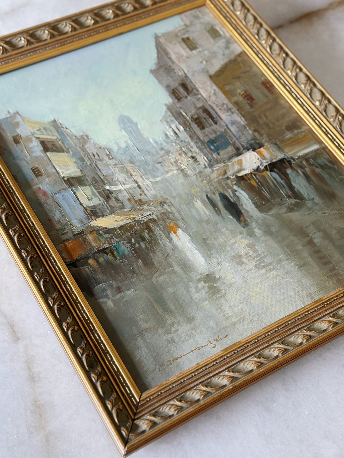 Vintage Framed Oil Painting – Impressionist City Scene