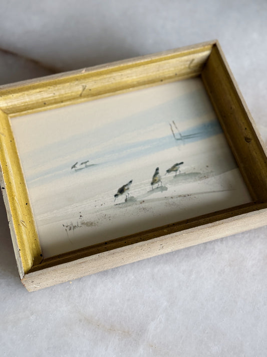 Vintage Framed Watercolor Painting -  Birds Along the Beach