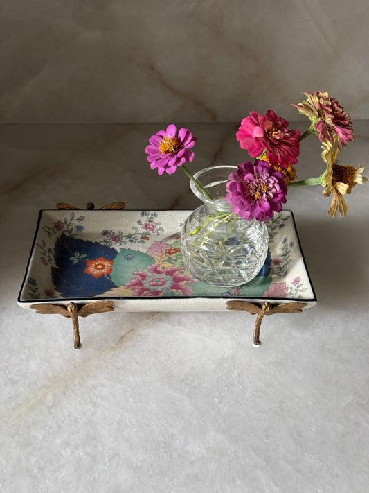 Porcelain Tobacco Leaf Tray with Bronze Dragonfly Accents