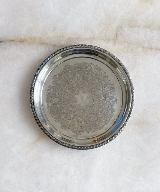 Vintage Round Silver Serving Tray with Rope Detailing