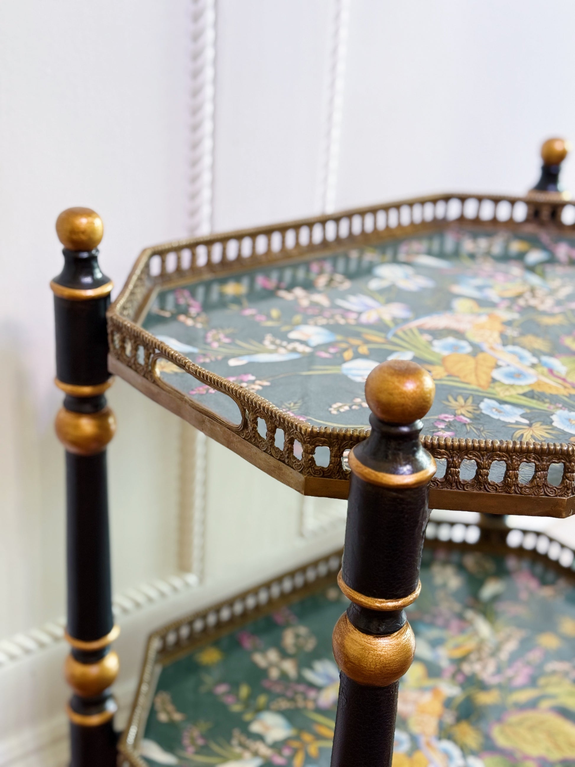 Two-Tier Porcelain Tray Table with Gilt Gallery and Removable Trays