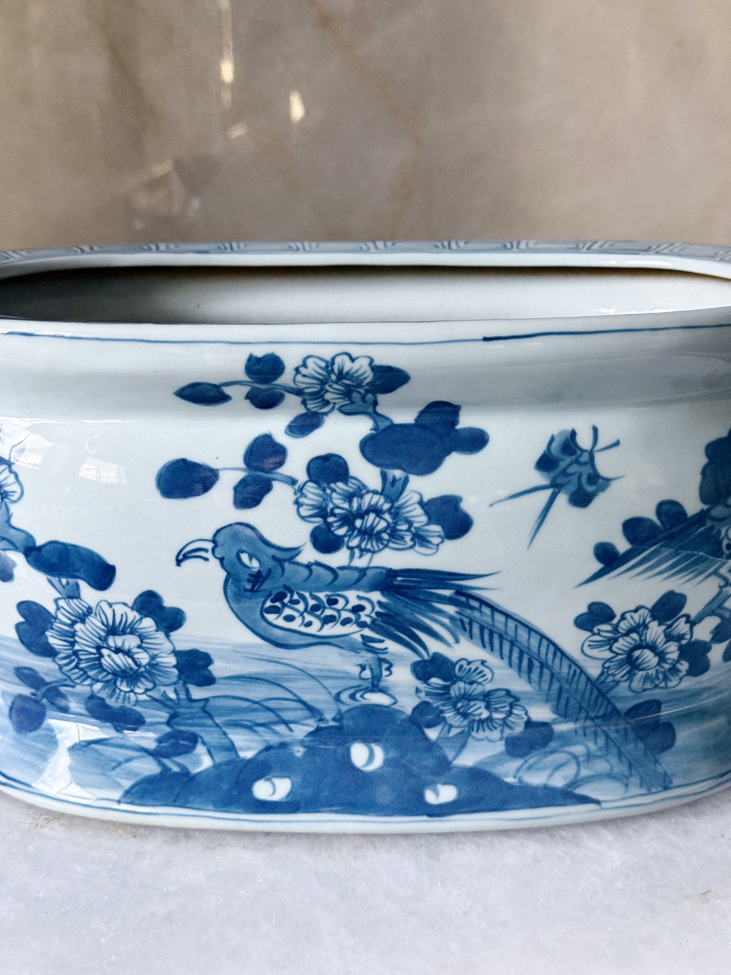 Blue & White Bird & Flower Porcelain Jardinière