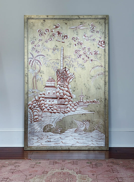 Large Scale Hand-Painted Metallic Chinoiserie Wall Panel