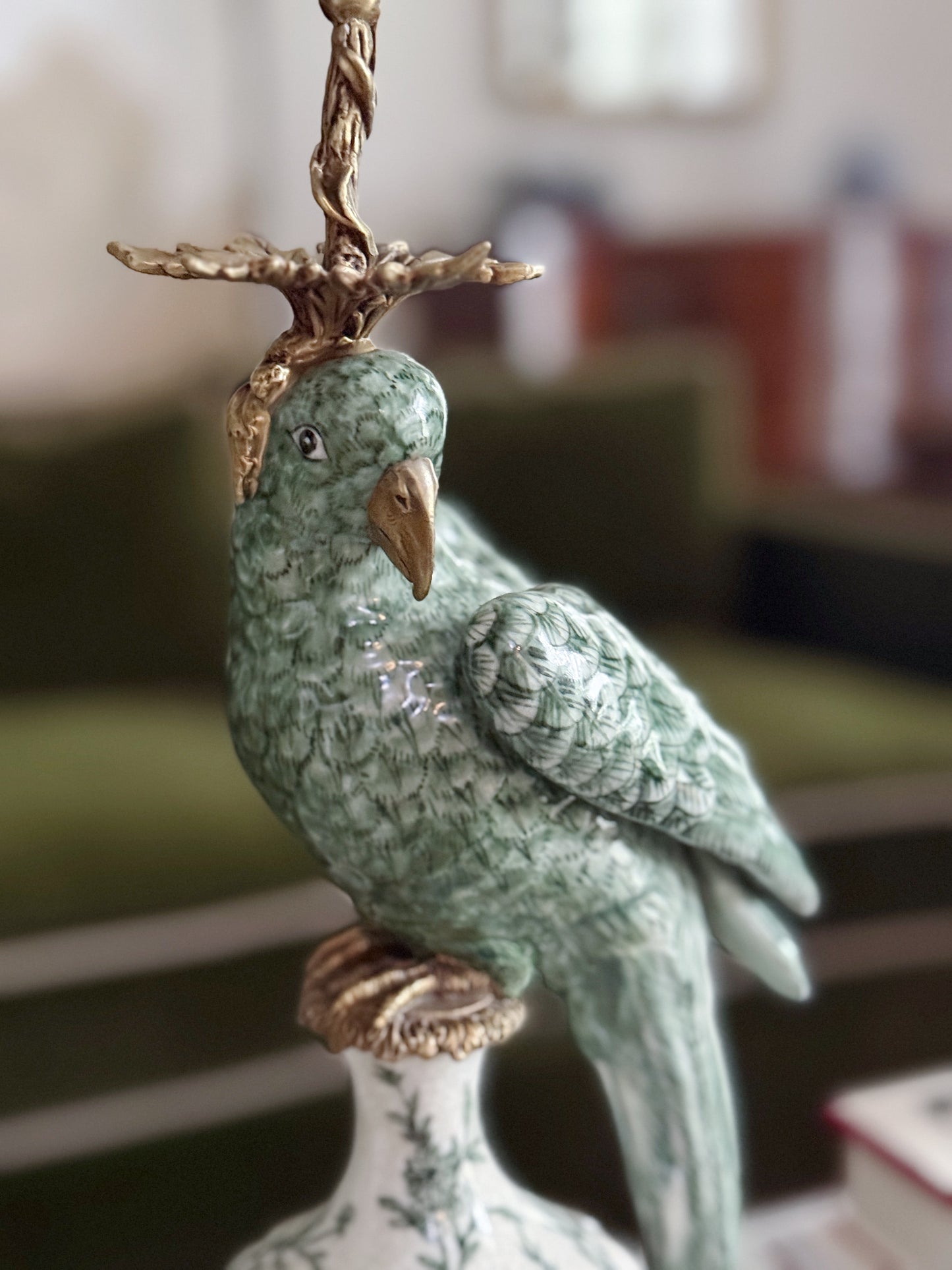 Hand-Painted Verdant Porcelain Parrot Candlesticks with Bronze Ormolu – Pair