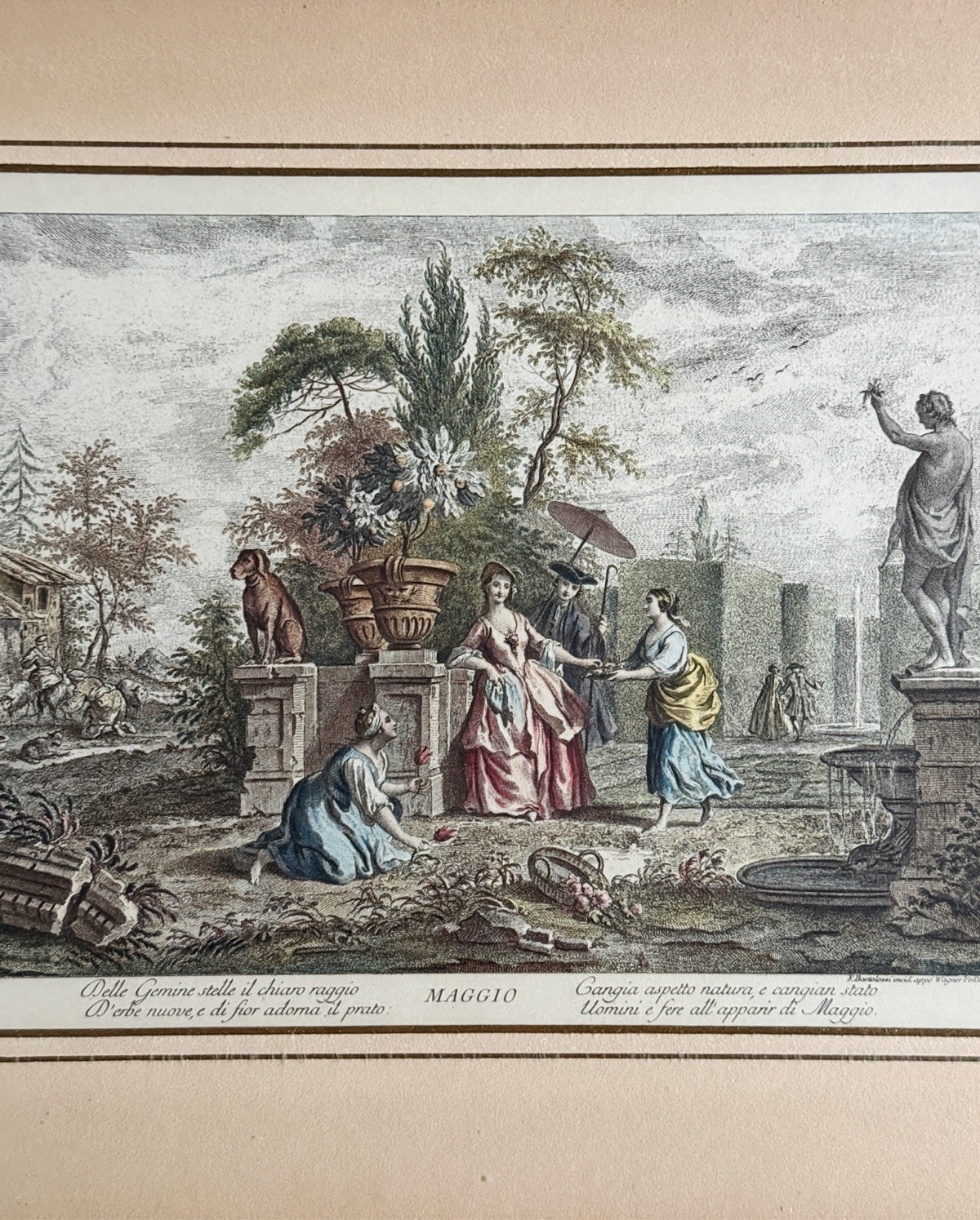 Close-up of the hand-colored garden scene print