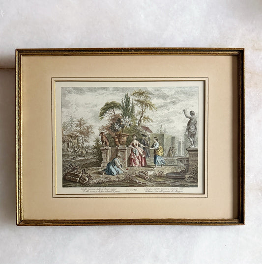 1950s Italian garden scene framed art print, full front view