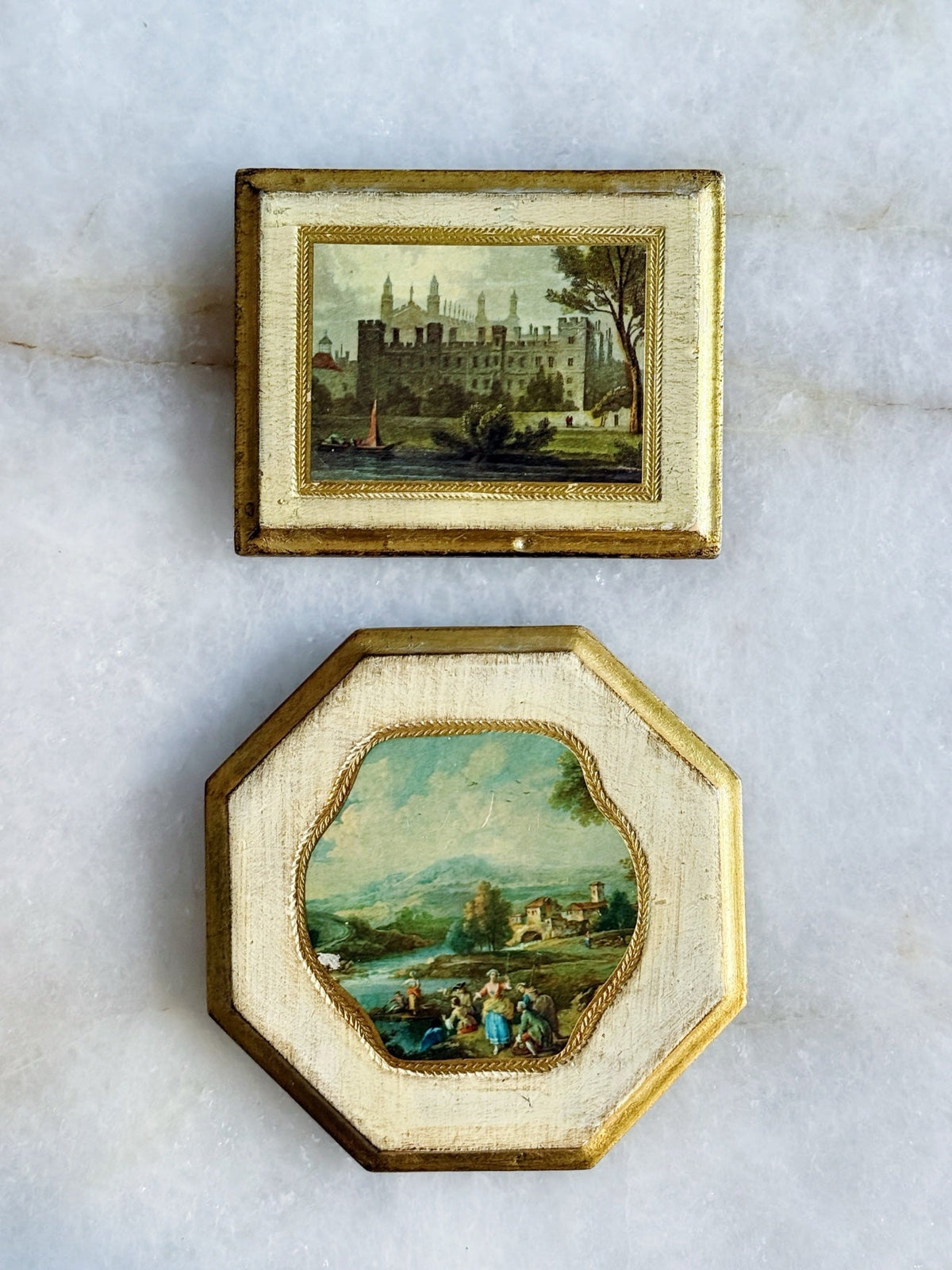 Pair of vintage Florentine framed prints — rectangular castle scene and octagonal landscape