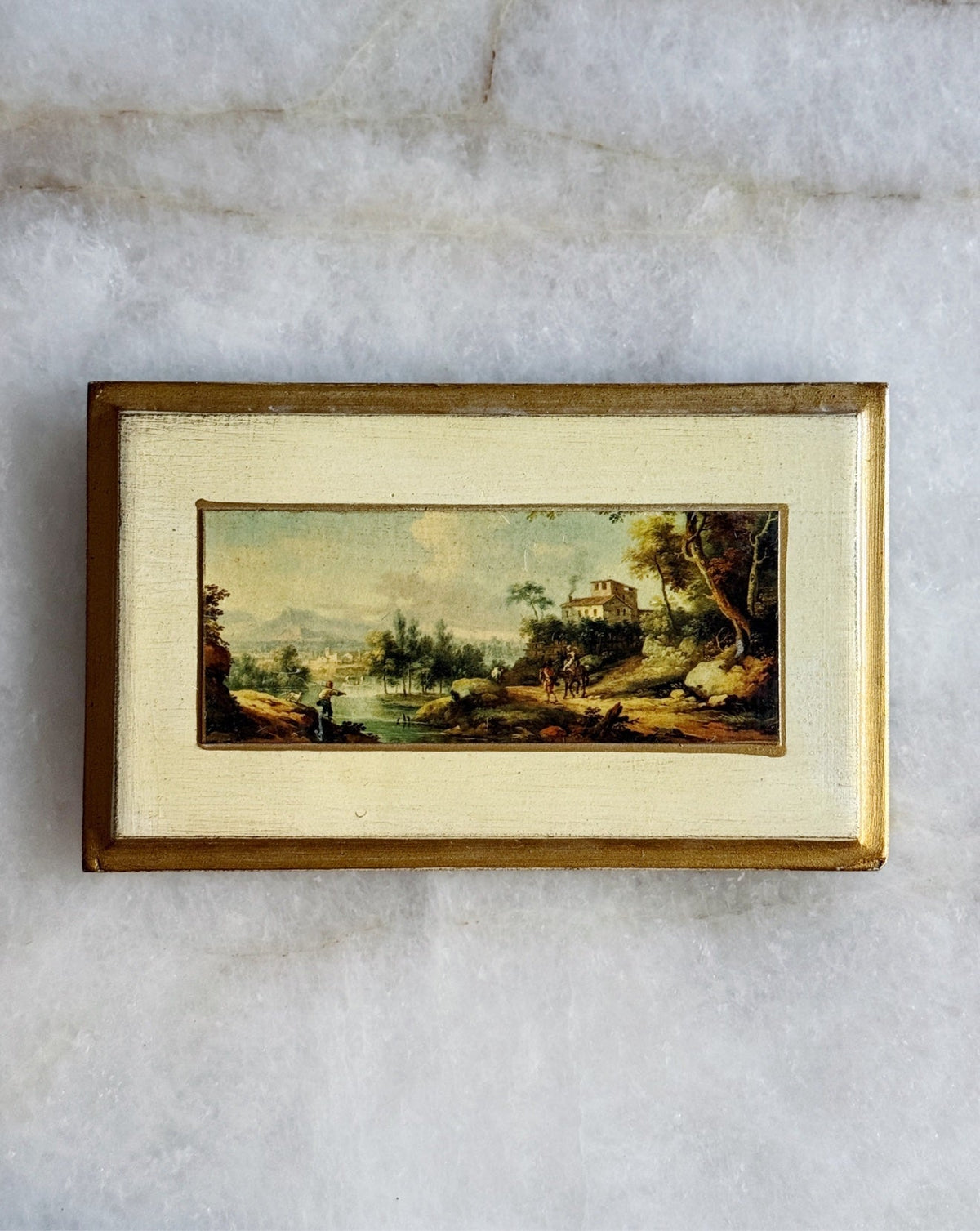 Vintage Florentine framed landscape print with figures by a river