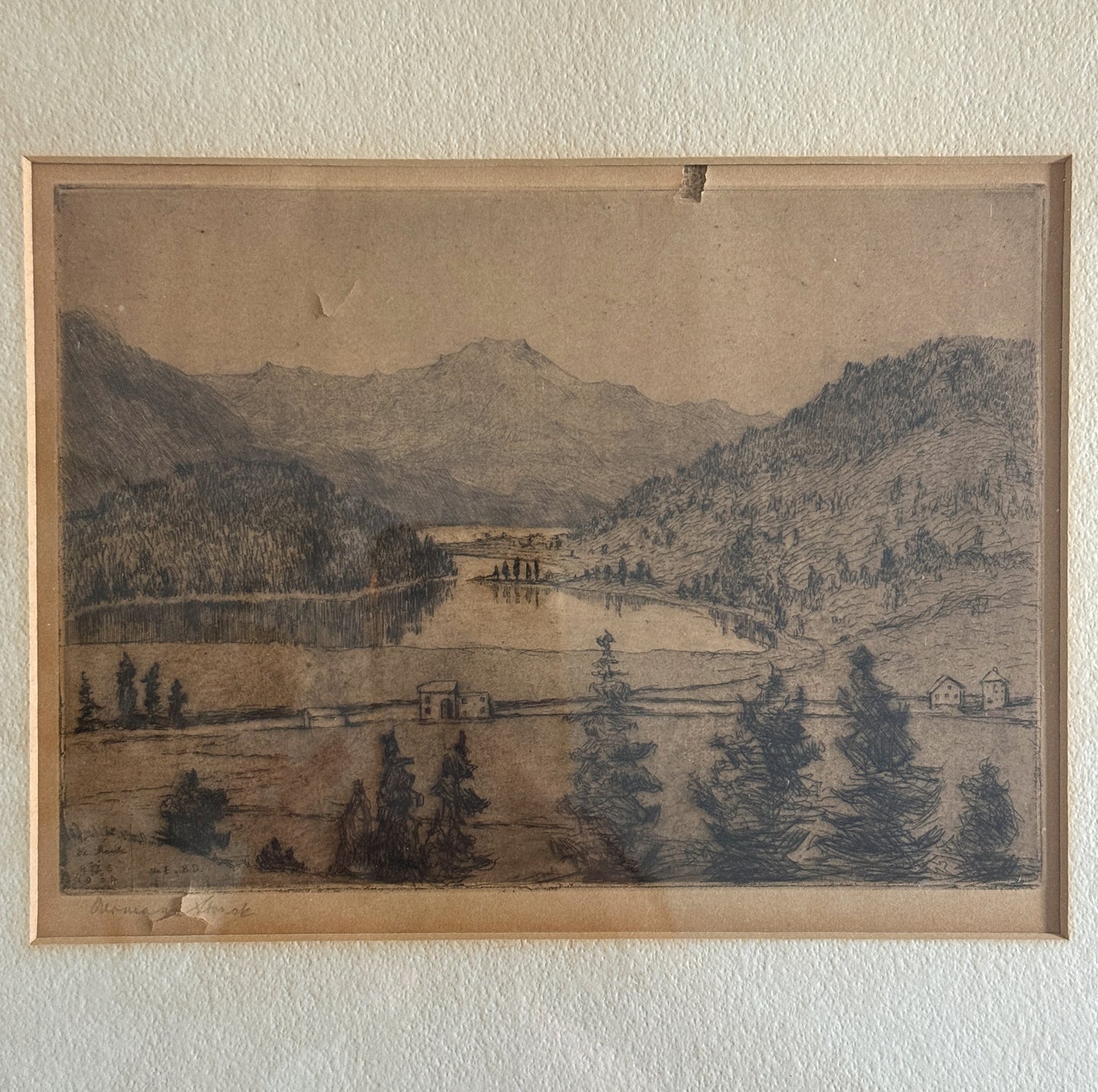 Antique 1905 Herman Struck Signed Etching of St. Moritz, Switzerland | Framed