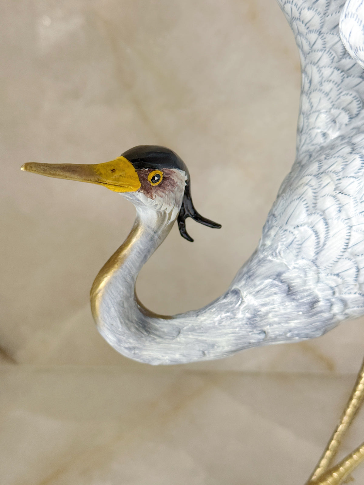 Porcelain Blue Heron in Flight with Bronze Ormolu Detailing