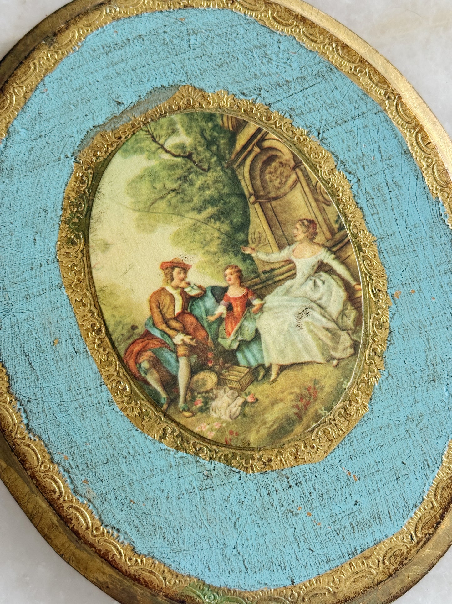 Vintage Italian Florentine Wall Plaque - Blue & Gilt Border