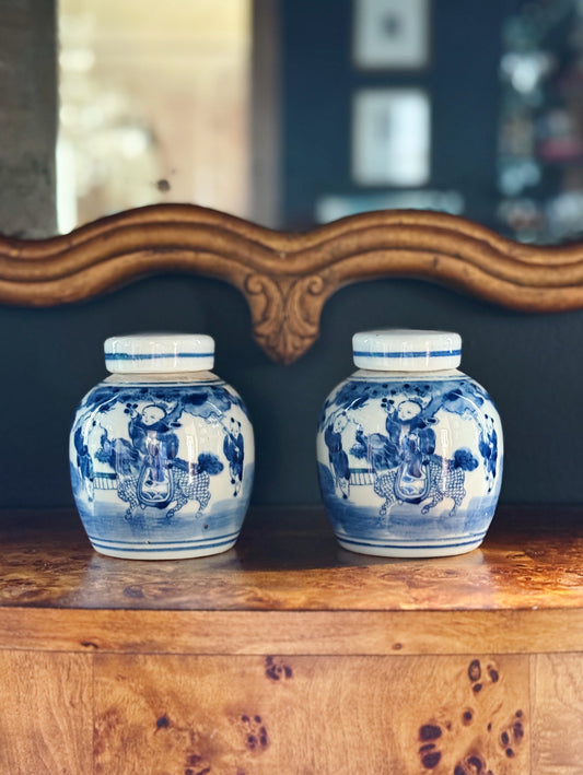 Blue and white mini ginger jars in an antique setting.  