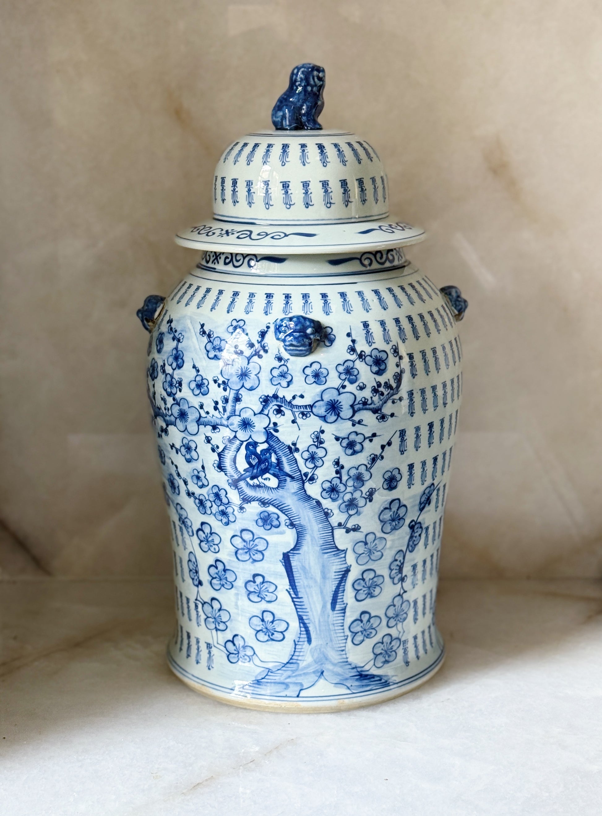 Large Blue & White Plum Blossom Floral Temple Jar