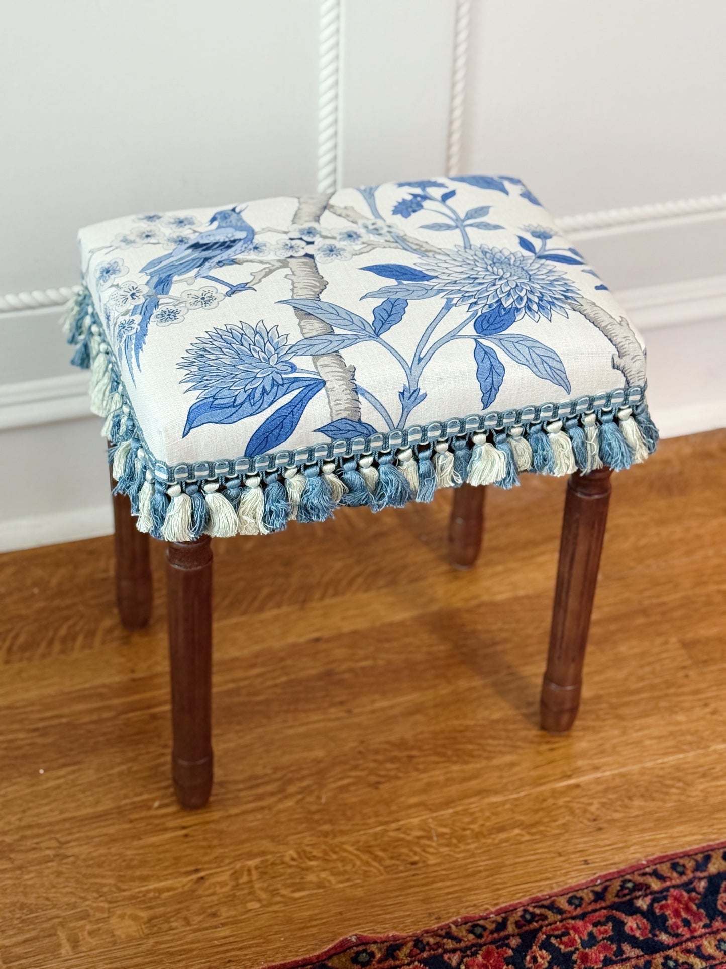 Upholstered Vanity Bench - GP & J Baker Hydrangea Bird in Blue