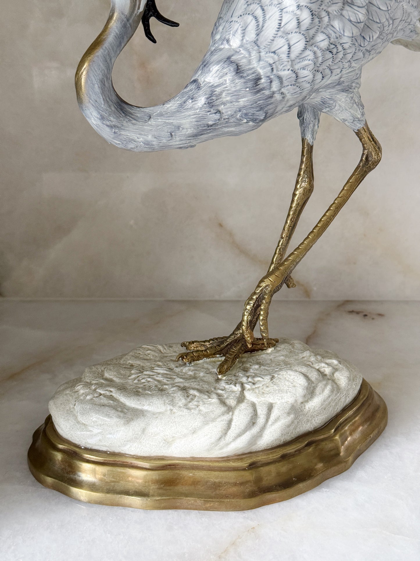 Porcelain Blue Heron in Flight with Bronze Ormolu Detailing 