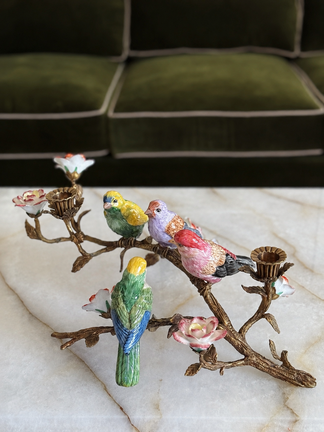 Hand Painted Porcelain Bird & Bronze Ormolu Branch Candelabra
