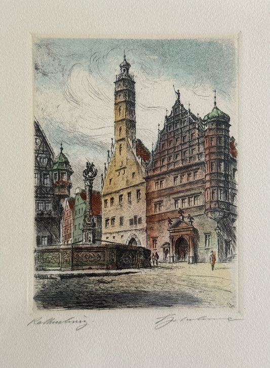Vintage Hand-Colored Rothenburg Etching