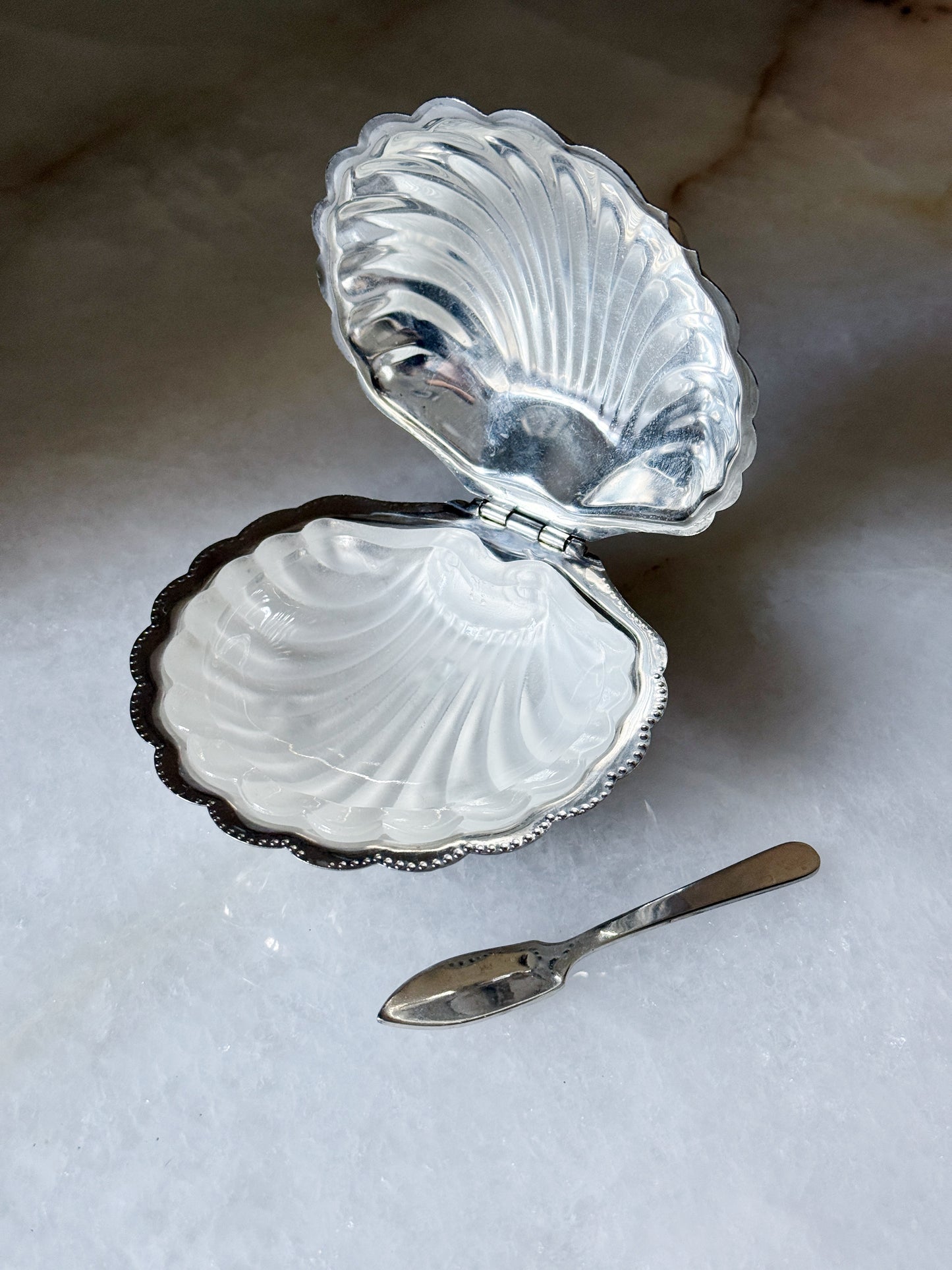 Vintage Silver Shell Caviar Dish with Glass Insert & Spoon