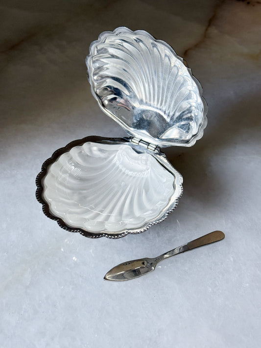 Vintage Silver Shell Caviar Dish with Glass Insert & Spoon