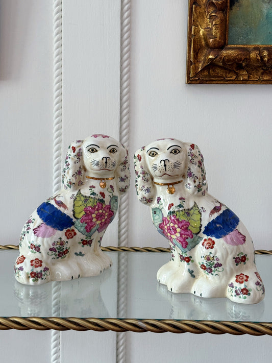 Pair of Floral Tobacco Leaf Staffordshire Dogs