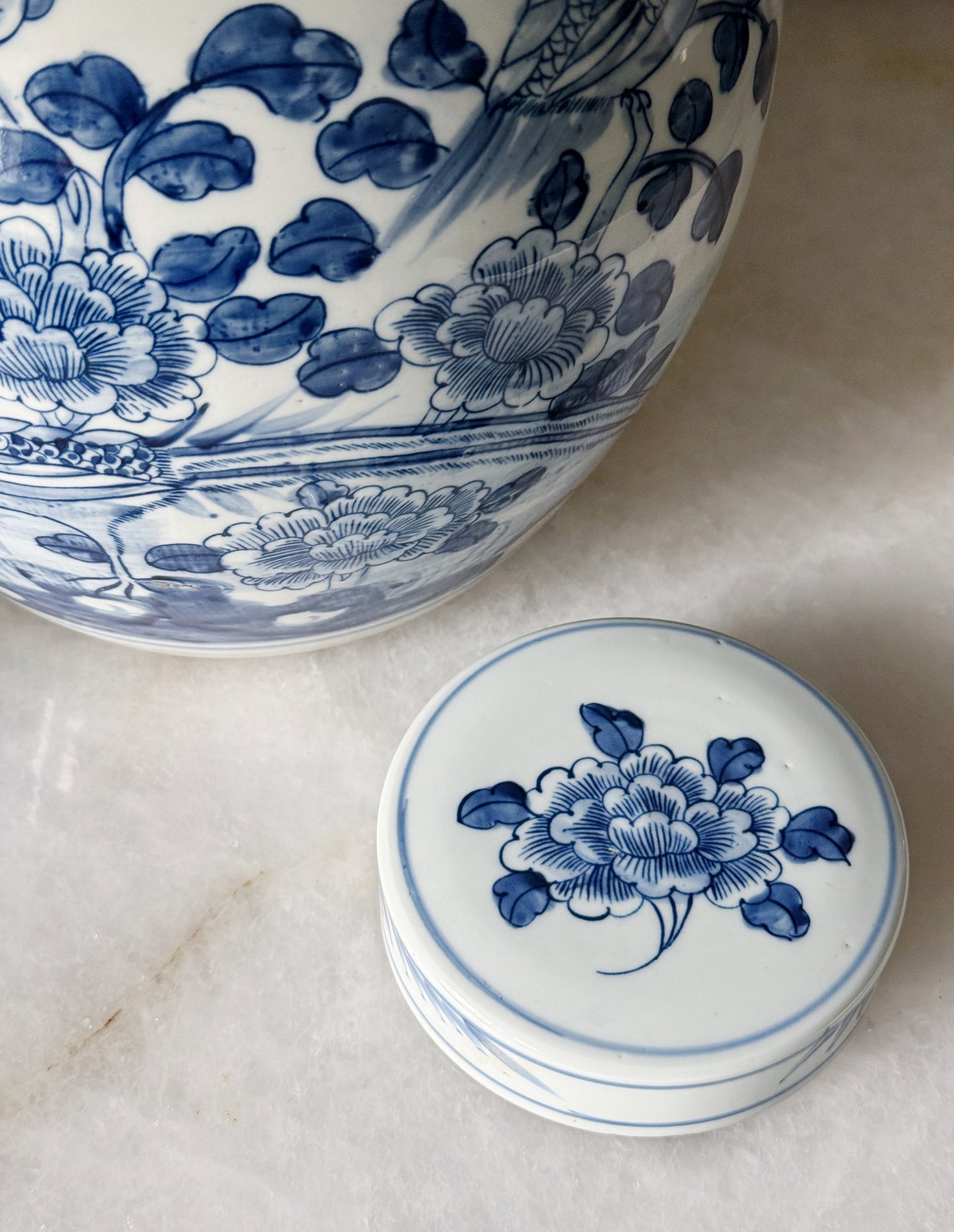 Blue & White Porcelain Bird & Floral Ginger Jar