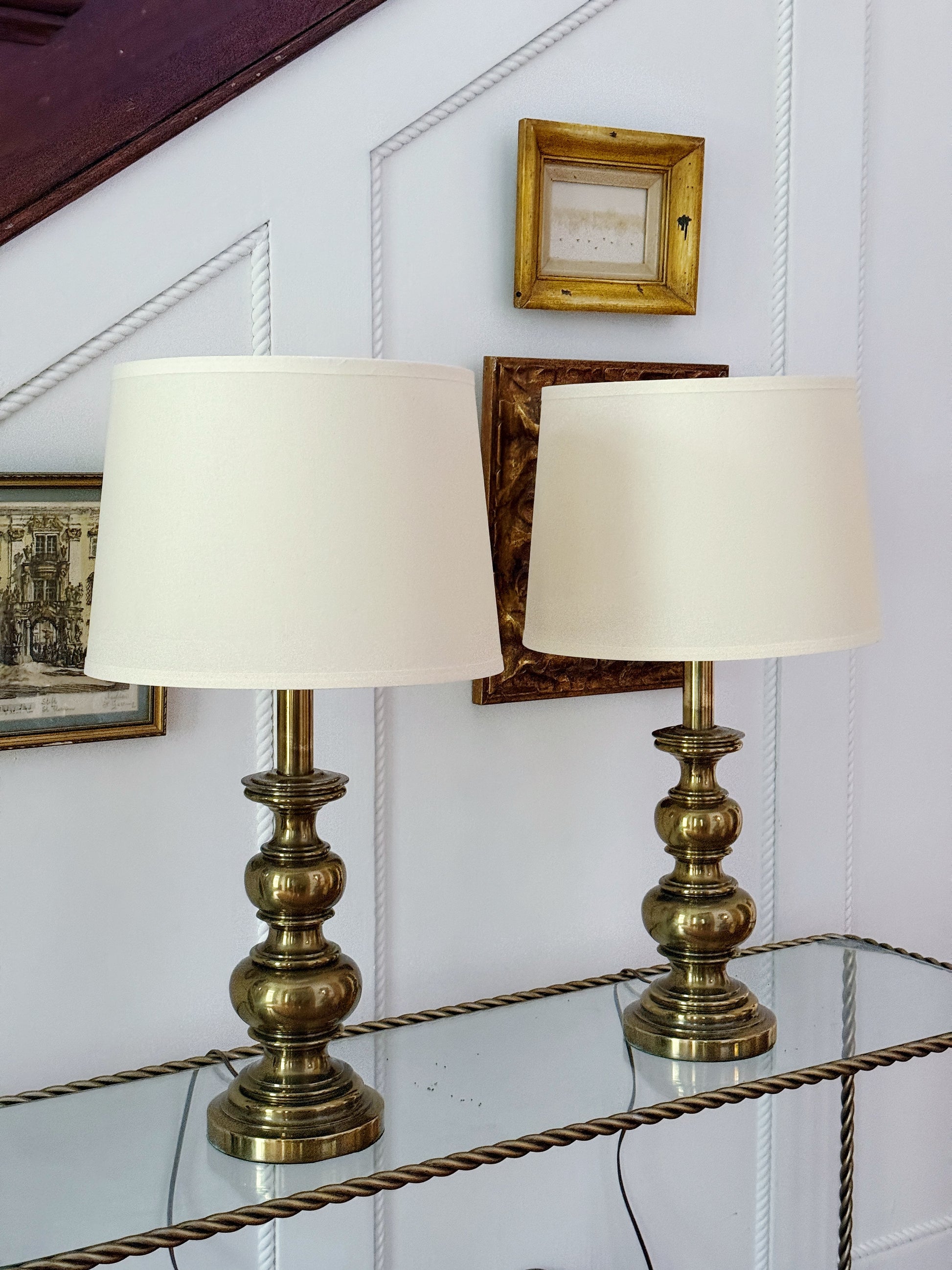 Vintage Stiffel Brass Table Lamps with Ivory Shades