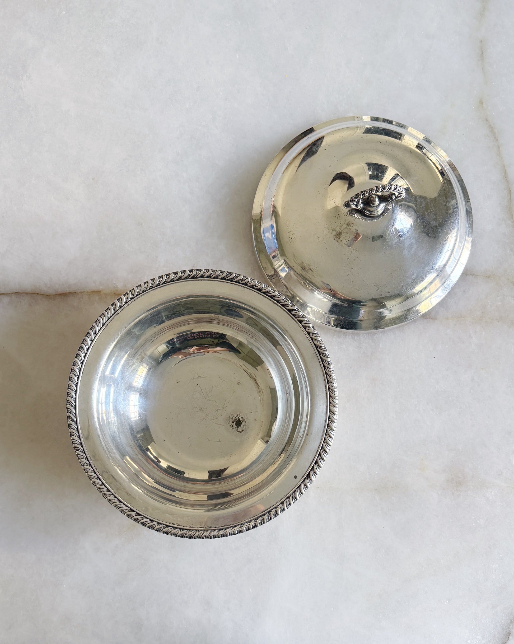Vintage Silver Serving Dish with Lid and Rope Detail