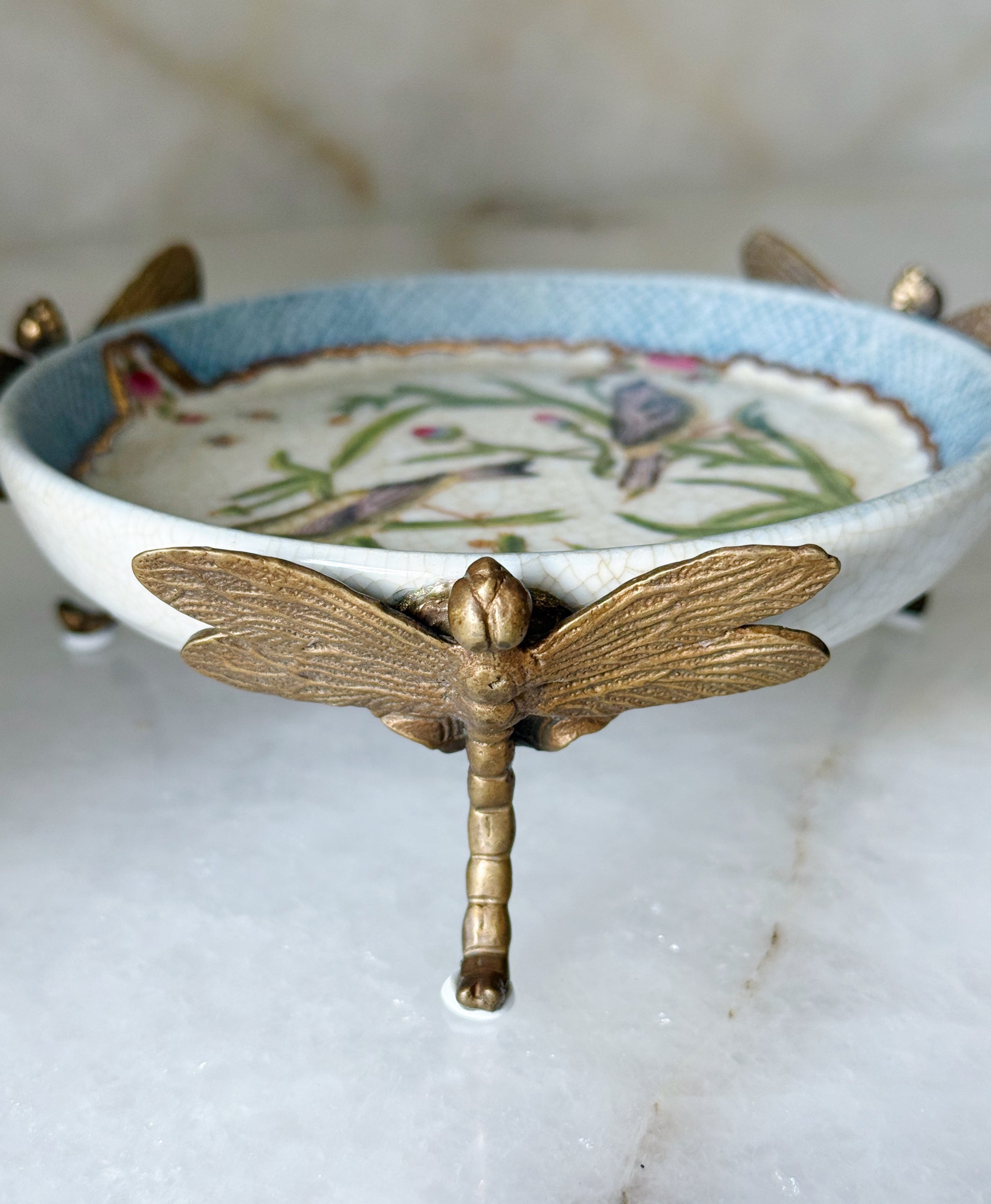 Song Bird Porcelain Dish with Dragonfly Bronze Ormolu Detailing 
