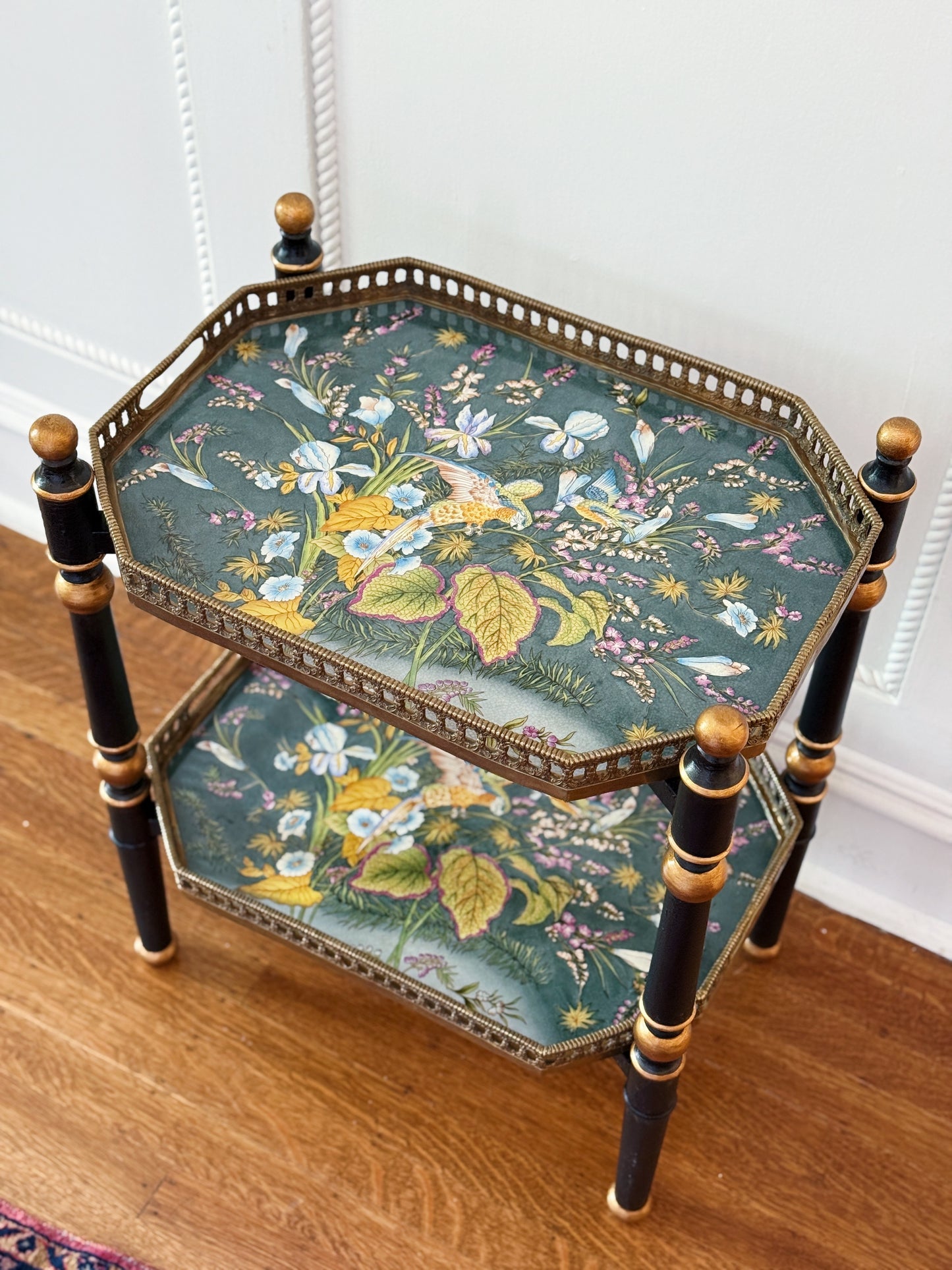 Two-Tier Porcelain Tray Table with Gilt Gallery and Removable Trays