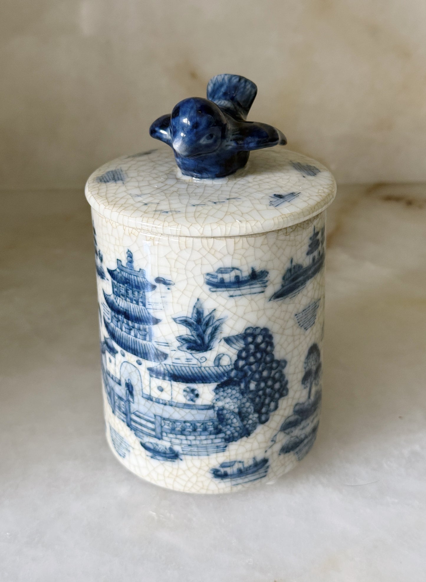 Blue & White Chinoiserie Bird-Top Decorative Container