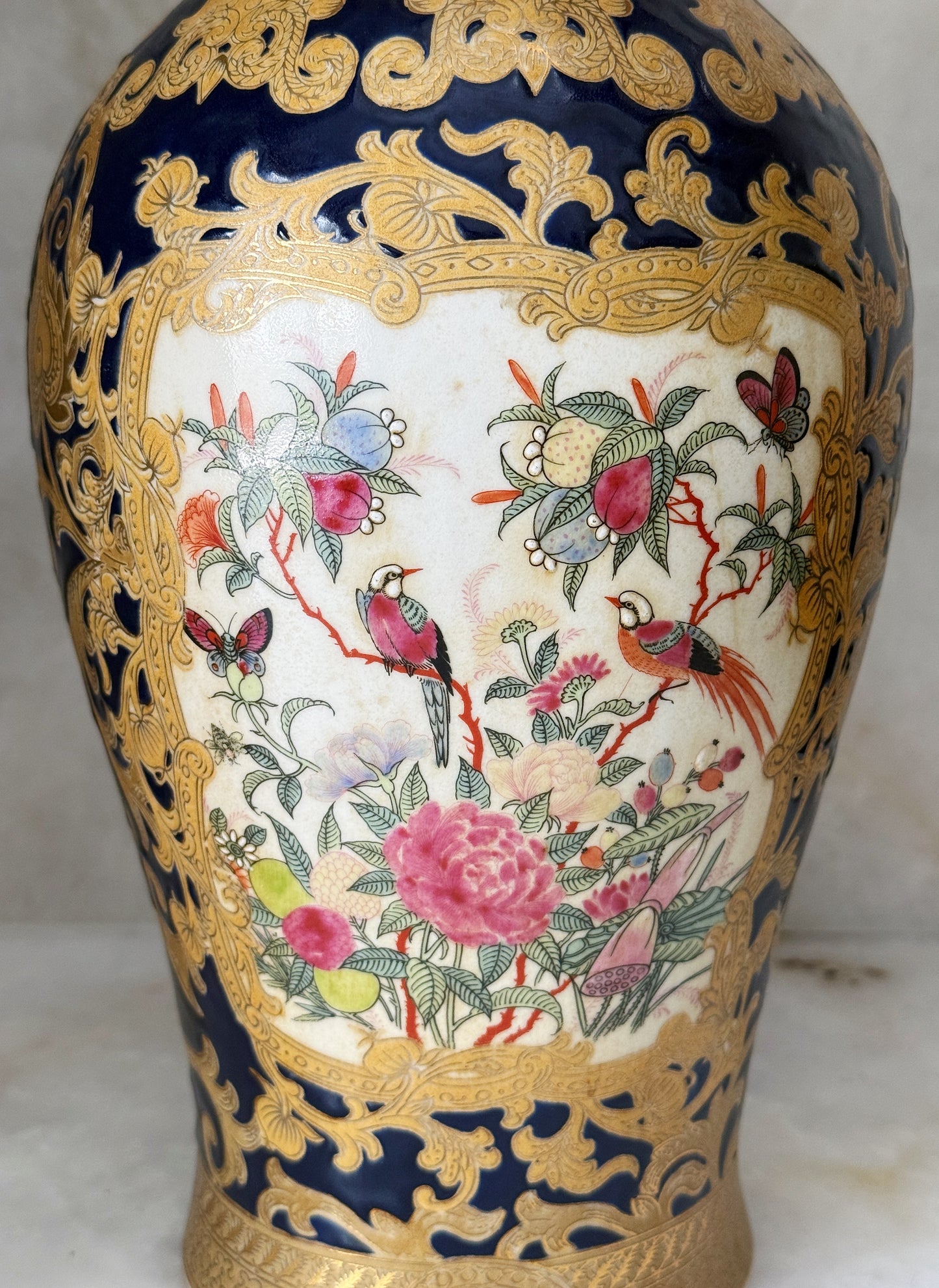 Pair of Vintage Cobalt Blue & Gold Porcelain Vase with Birds & Floral Panels