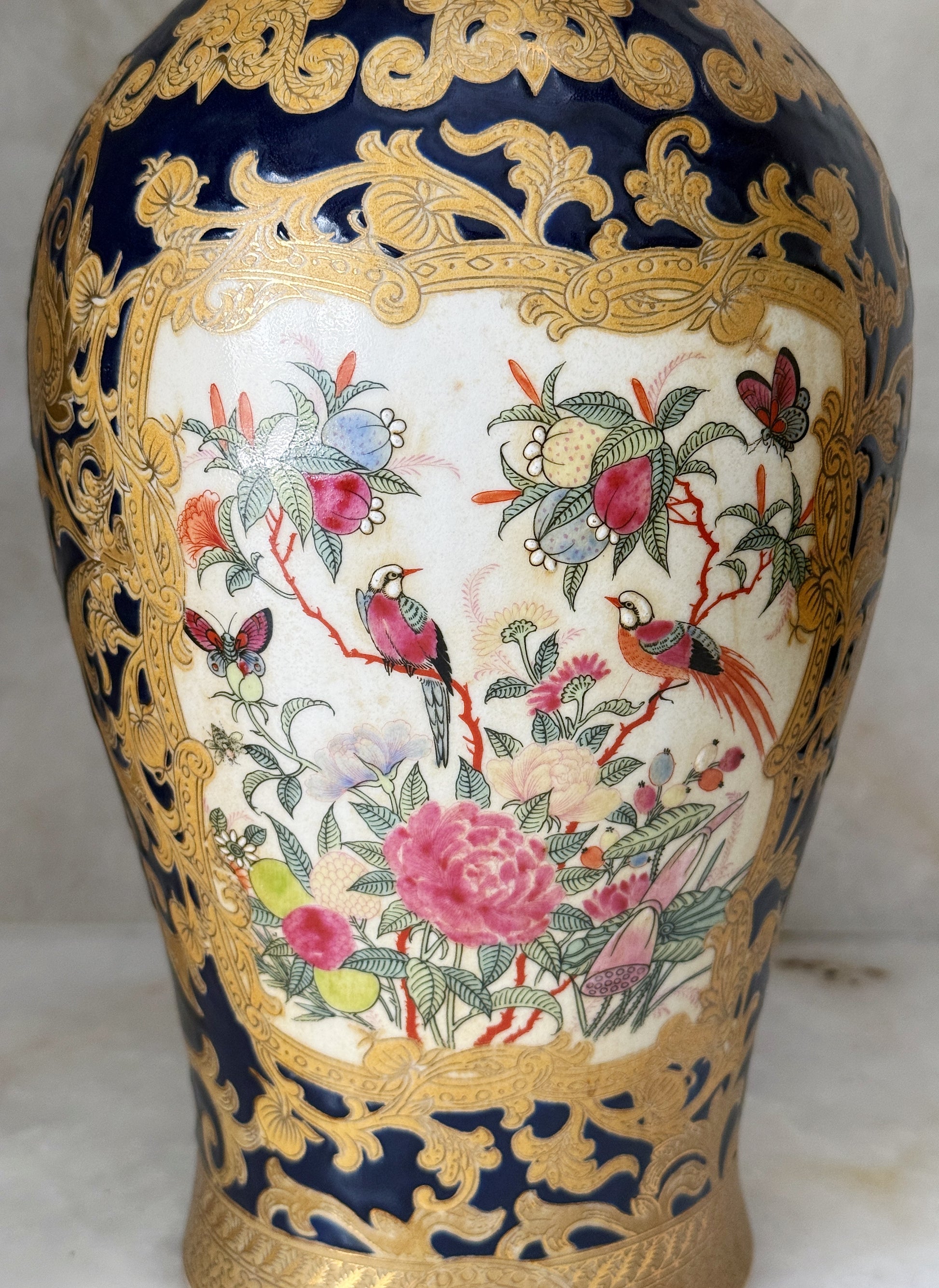 Pair of Vintage Cobalt Blue & Gold Porcelain Vase with Birds & Floral Panels