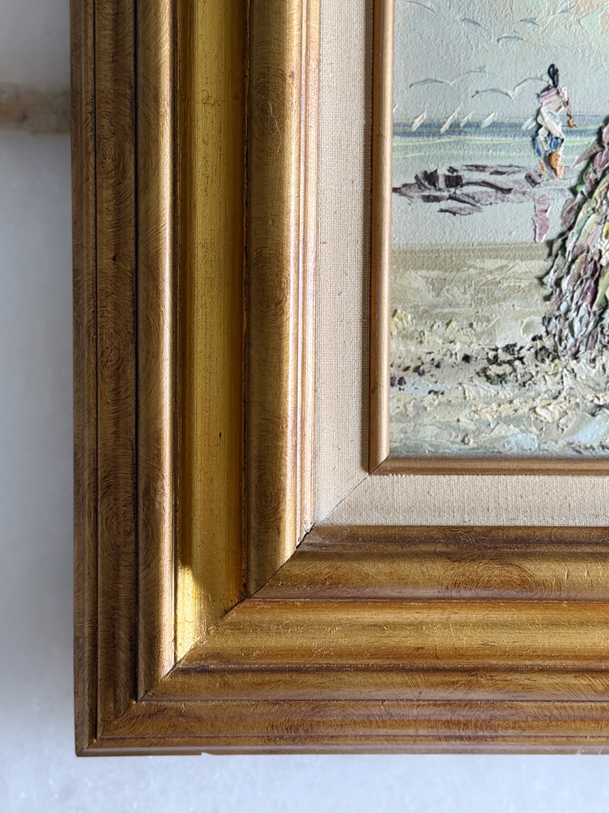 Vintage Framed Oil Painting - Victorian Beach Scene