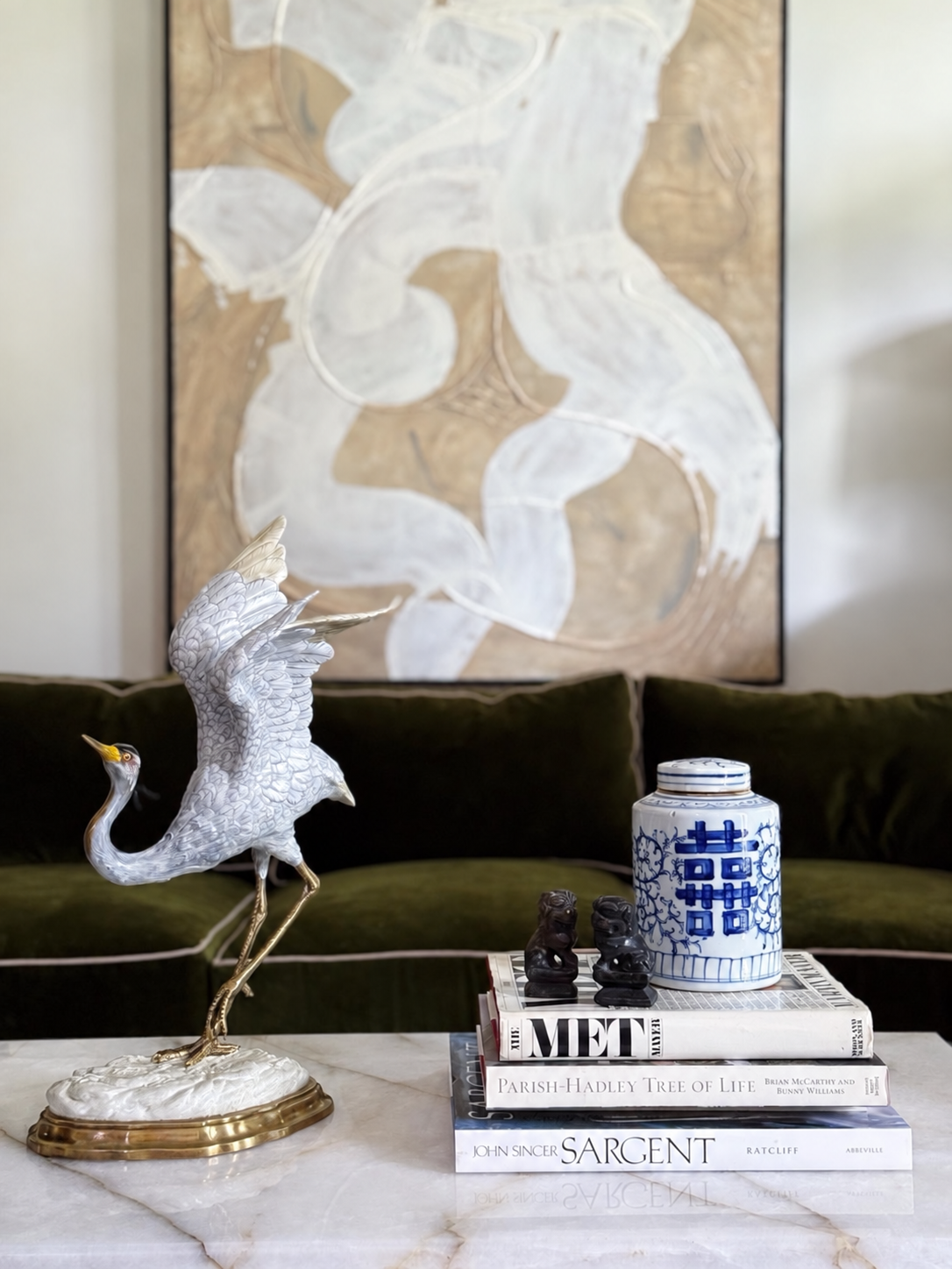 Porcelain Blue Heron in Flight with Bronze Ormolu Detailing 