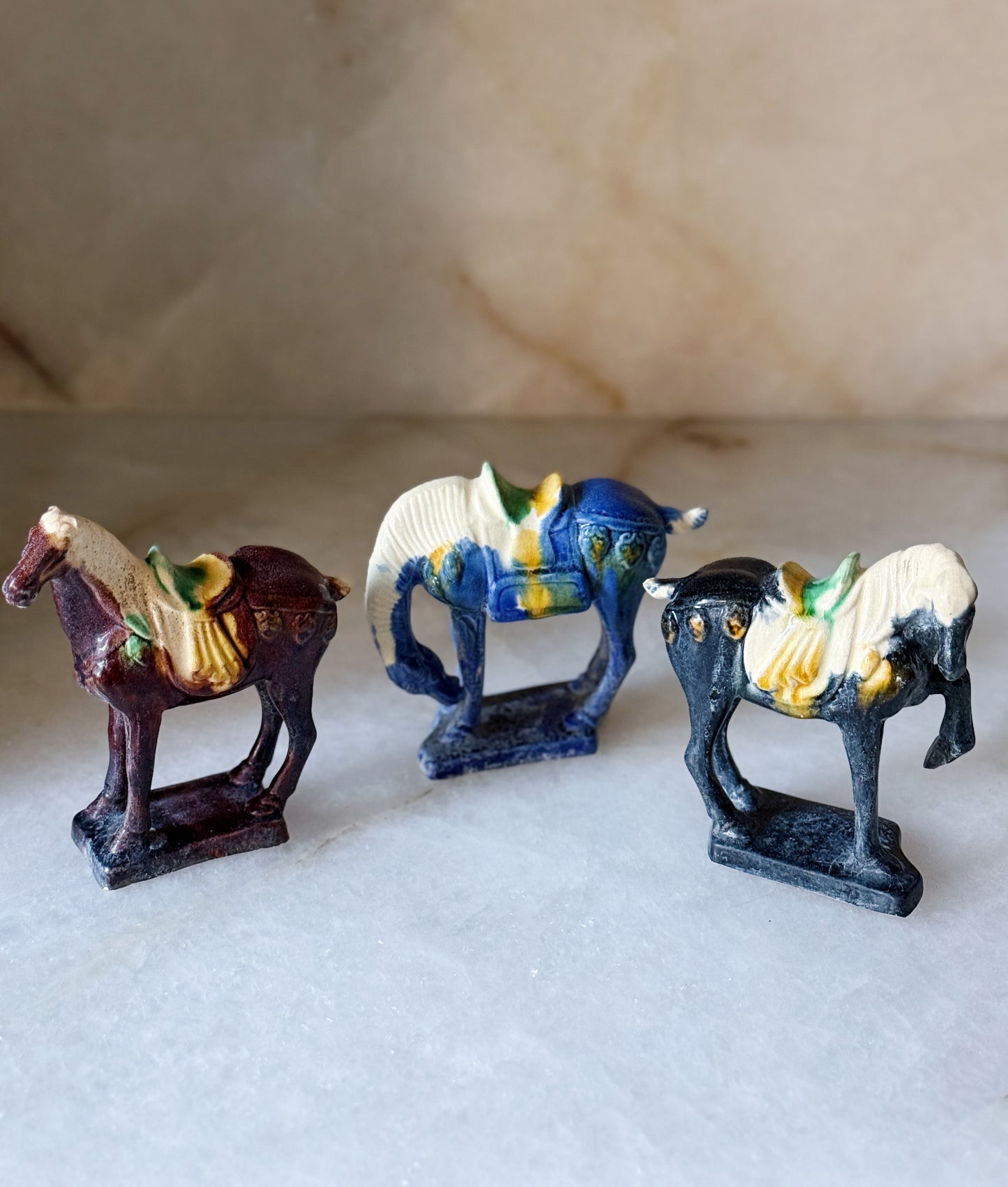 Trio of Glazed Ceramic Horse Figurines