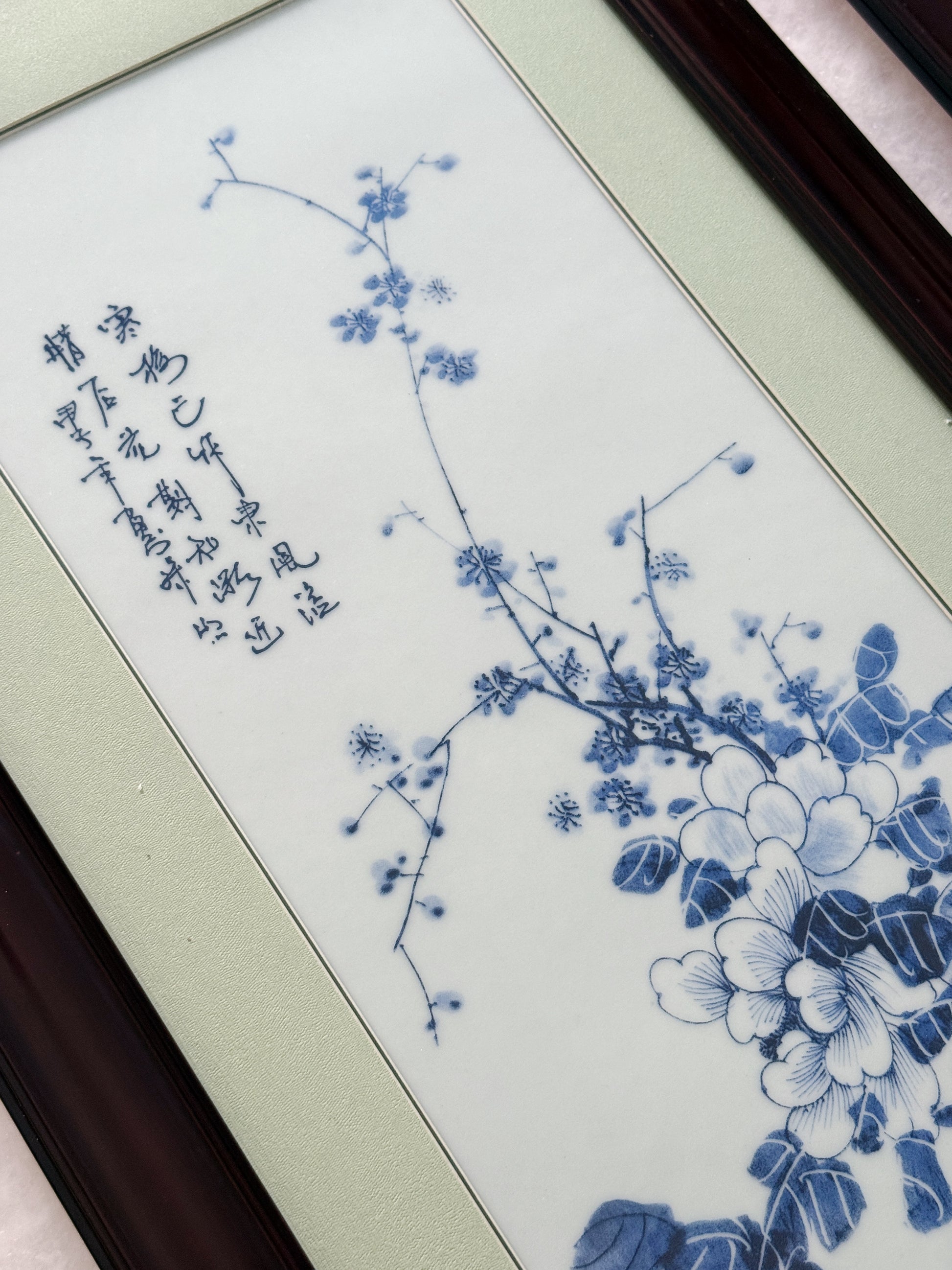 Vintage Framed Blue & White Porcelain Plaques – Pair