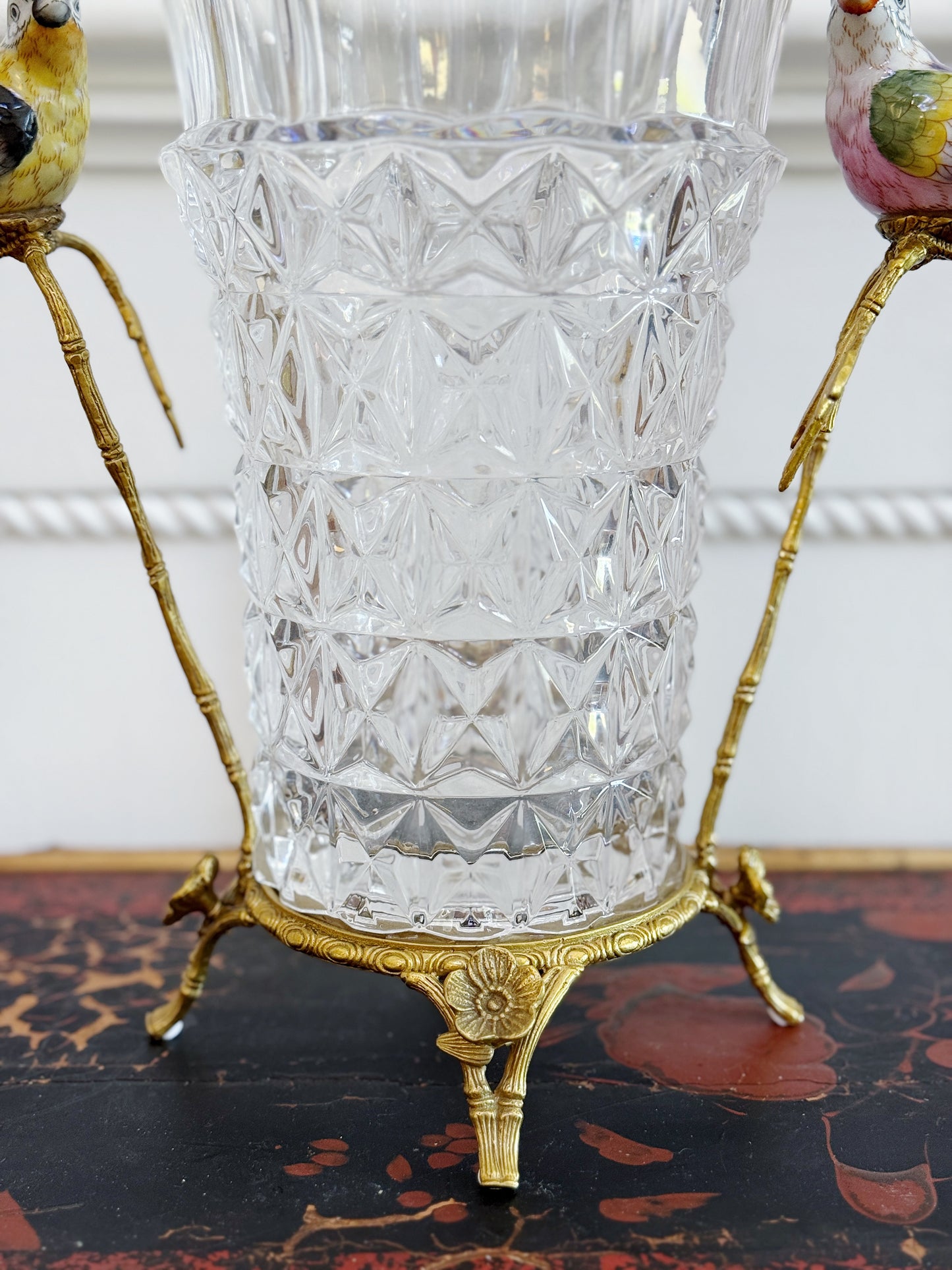 Crystal Vase with Bronze Ormolu Mount and Hand-Painted Porcelain Bird Handles