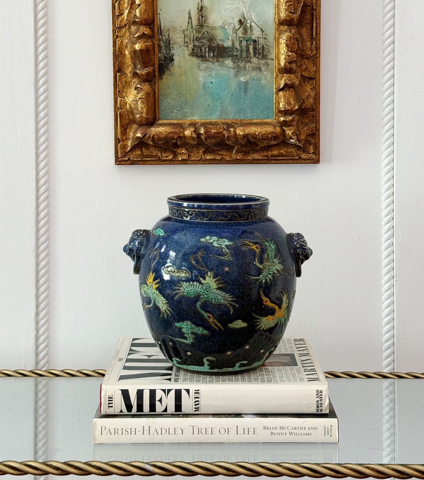Vintage Blue Ceramic Jardiniere with Foo Dog Handles & Phoenix Design