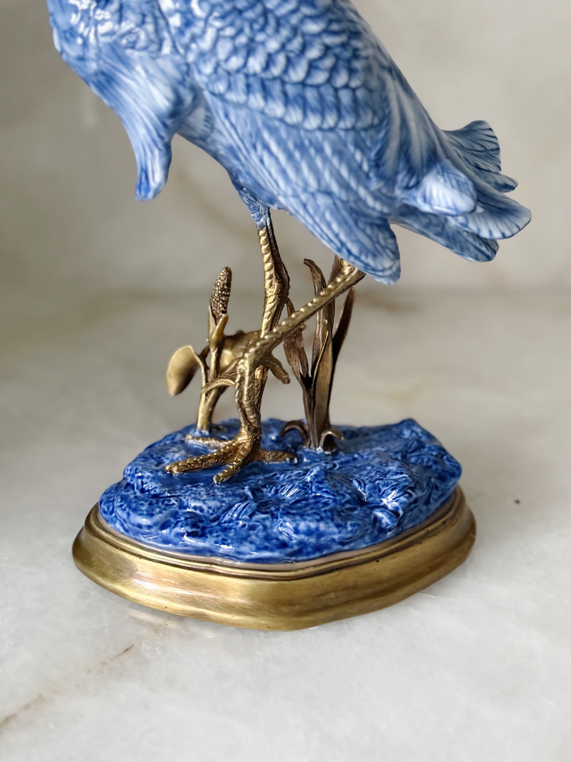 Hand-Painted Blue and White Heron Porcelain Sculpture with Bronze Ormolu Base