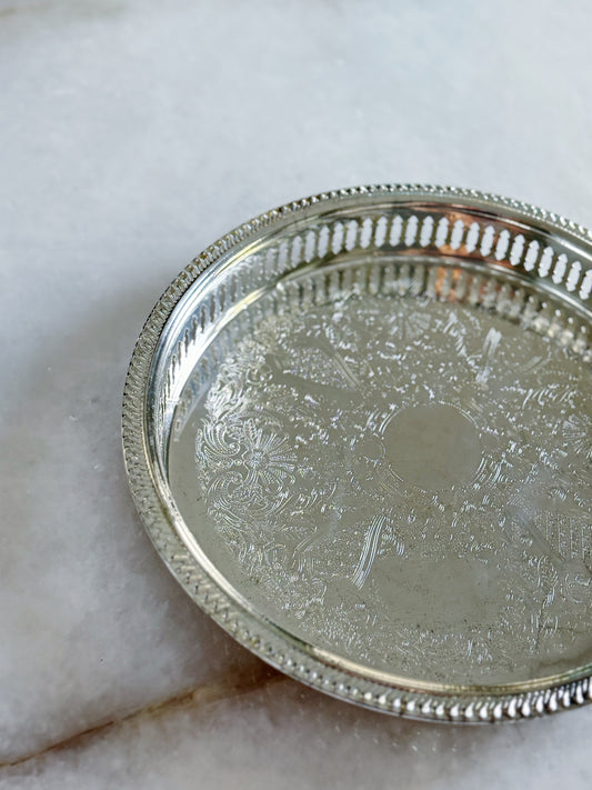 Vintage Silver Embossed Serving Tray with reticulated edge