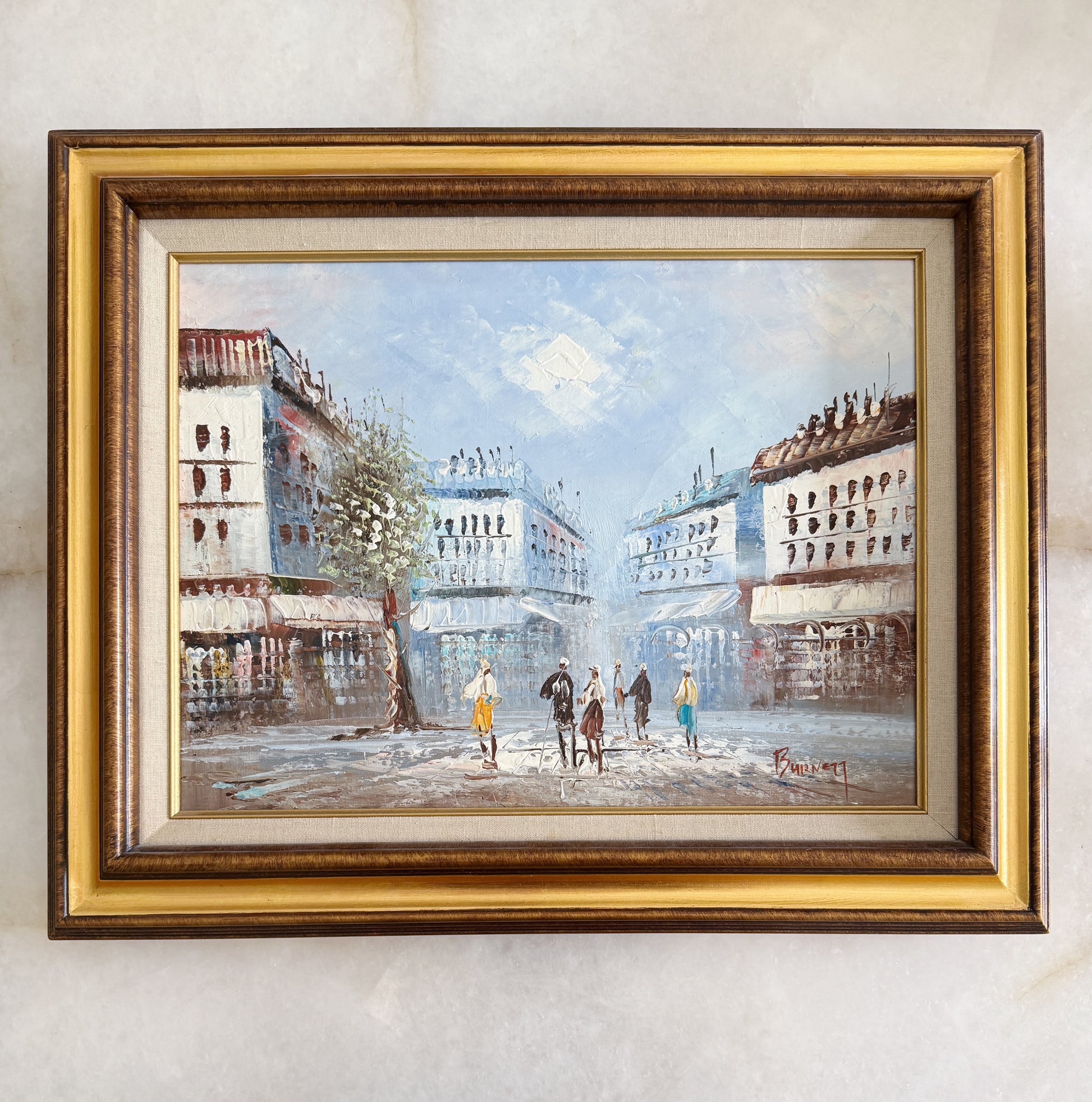 Vintage Framed Paris Street Scene Oil Painting