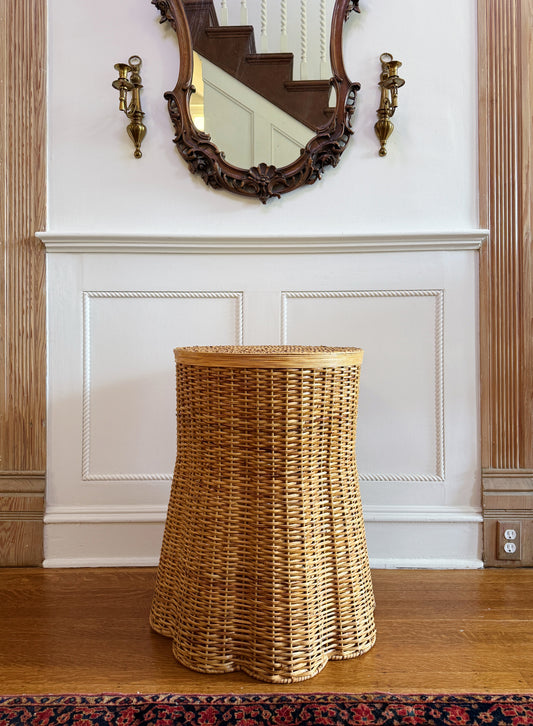 Woven Rattan Wicker Side Table with Sculptural Scalloped Base