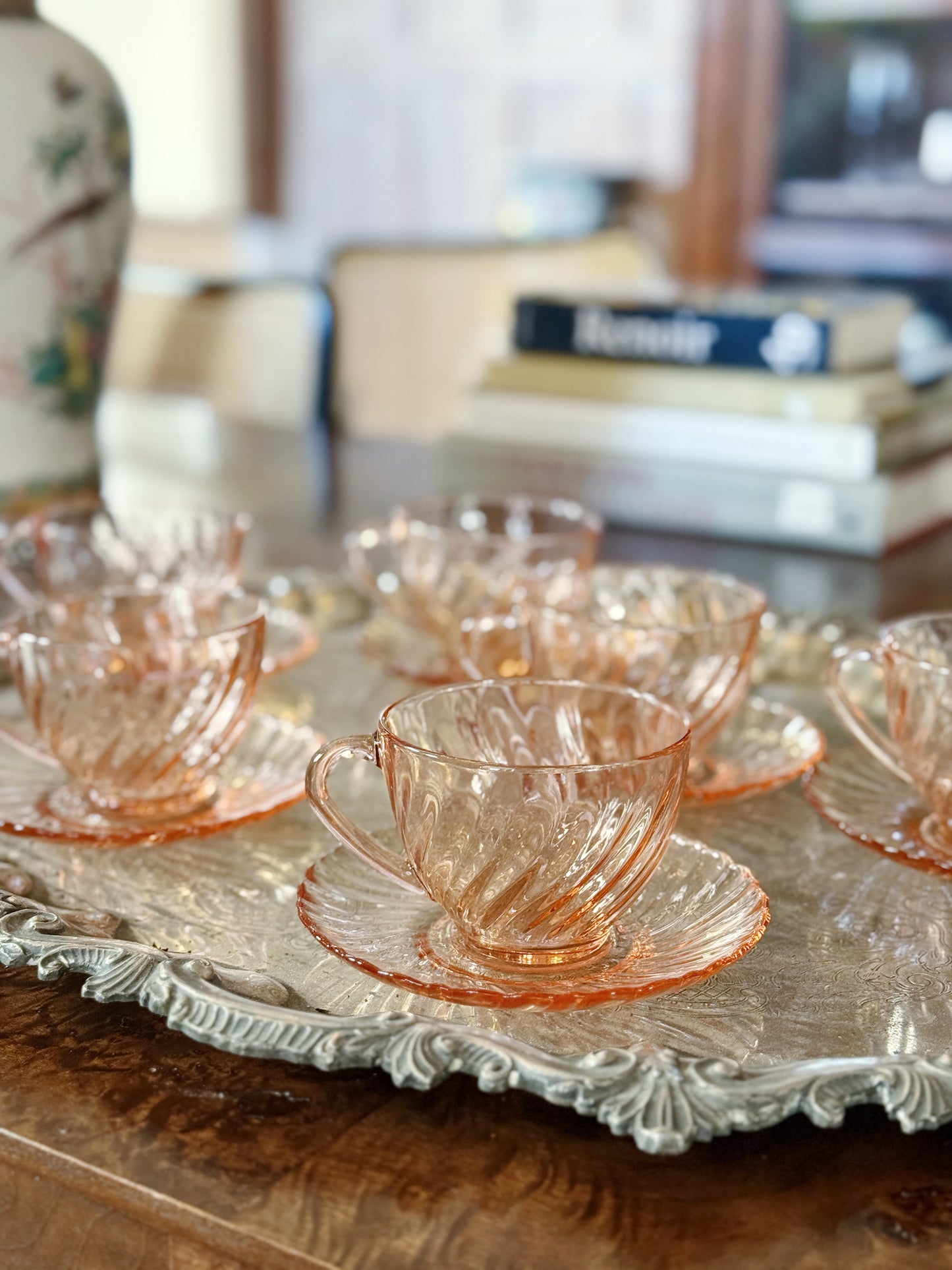 Vintage Pink Depression Glass Tea Cups & Saucers 