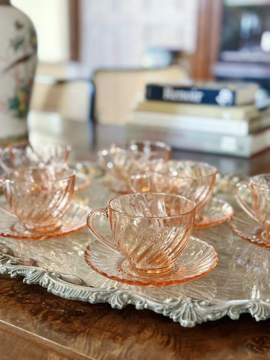 Vintage Pink Depression Glass Tea Cups & Saucers 