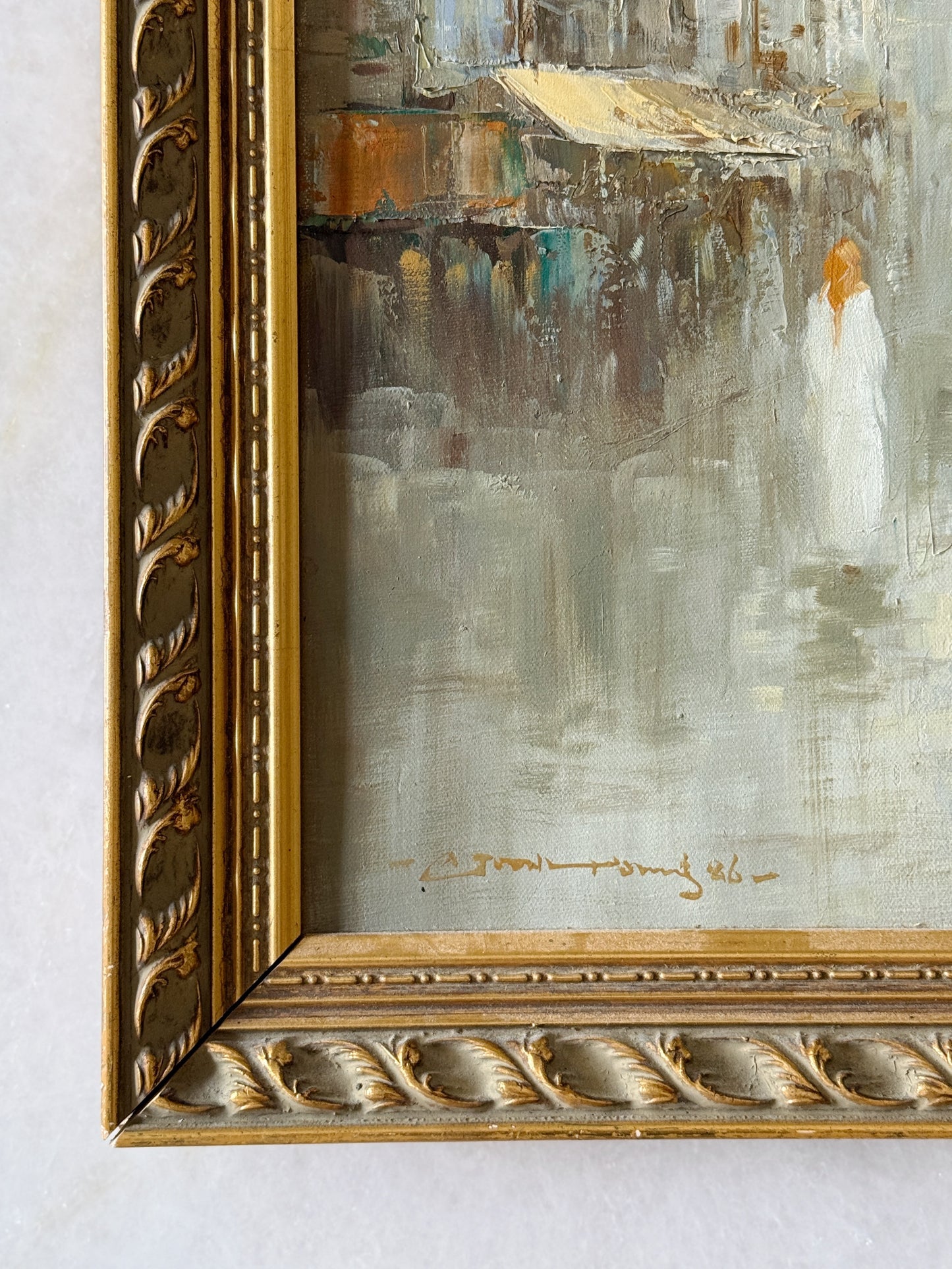 Vintage Framed Oil Painting – Impressionist City Scene