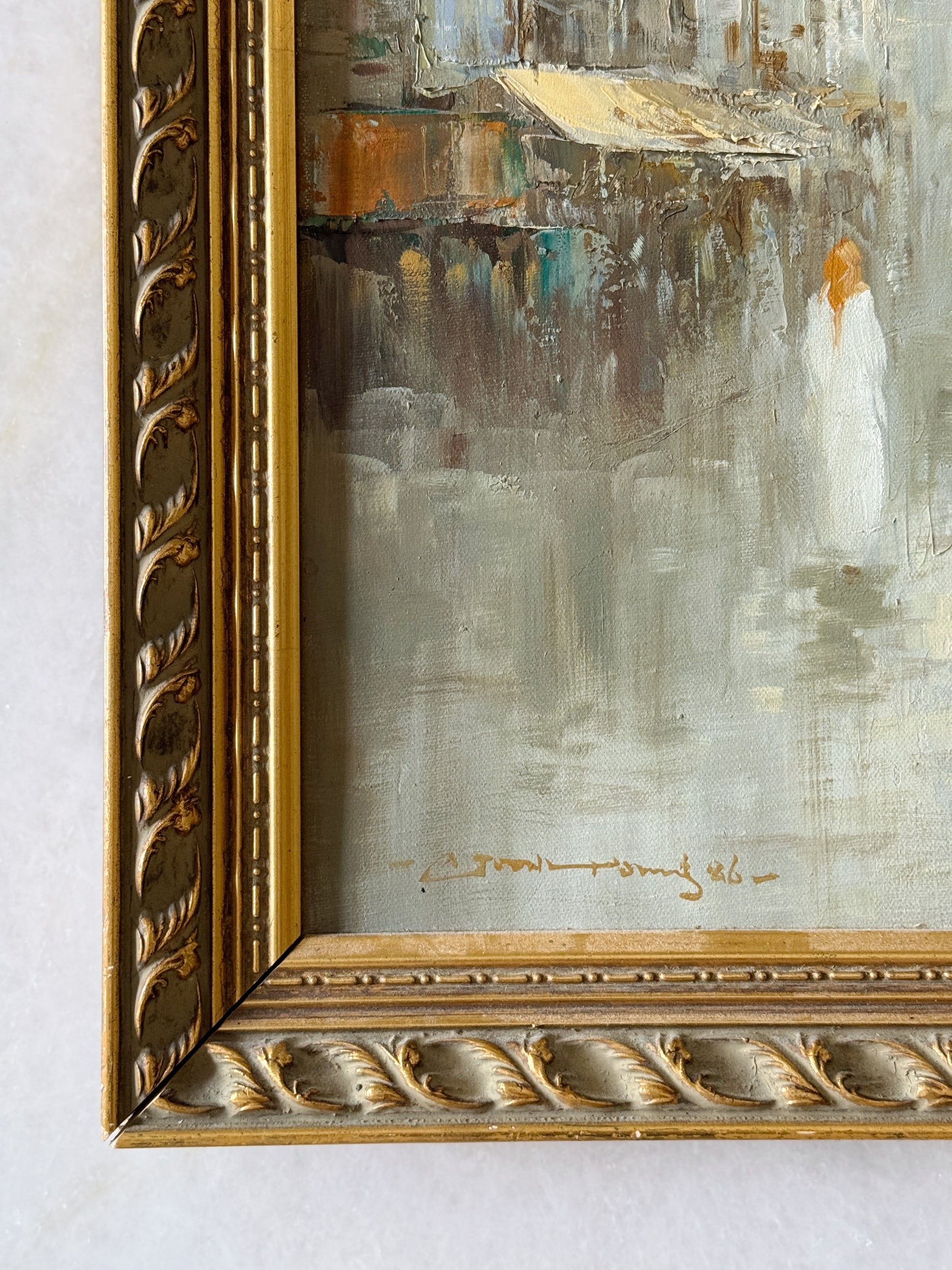 Vintage Framed Oil Painting – Impressionist City Scene