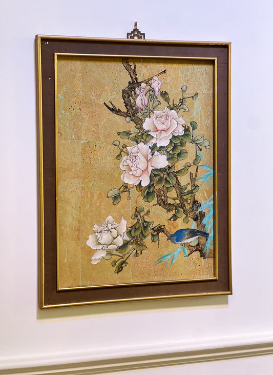 Vintage Asian watercolor art on cork with silk frame 
