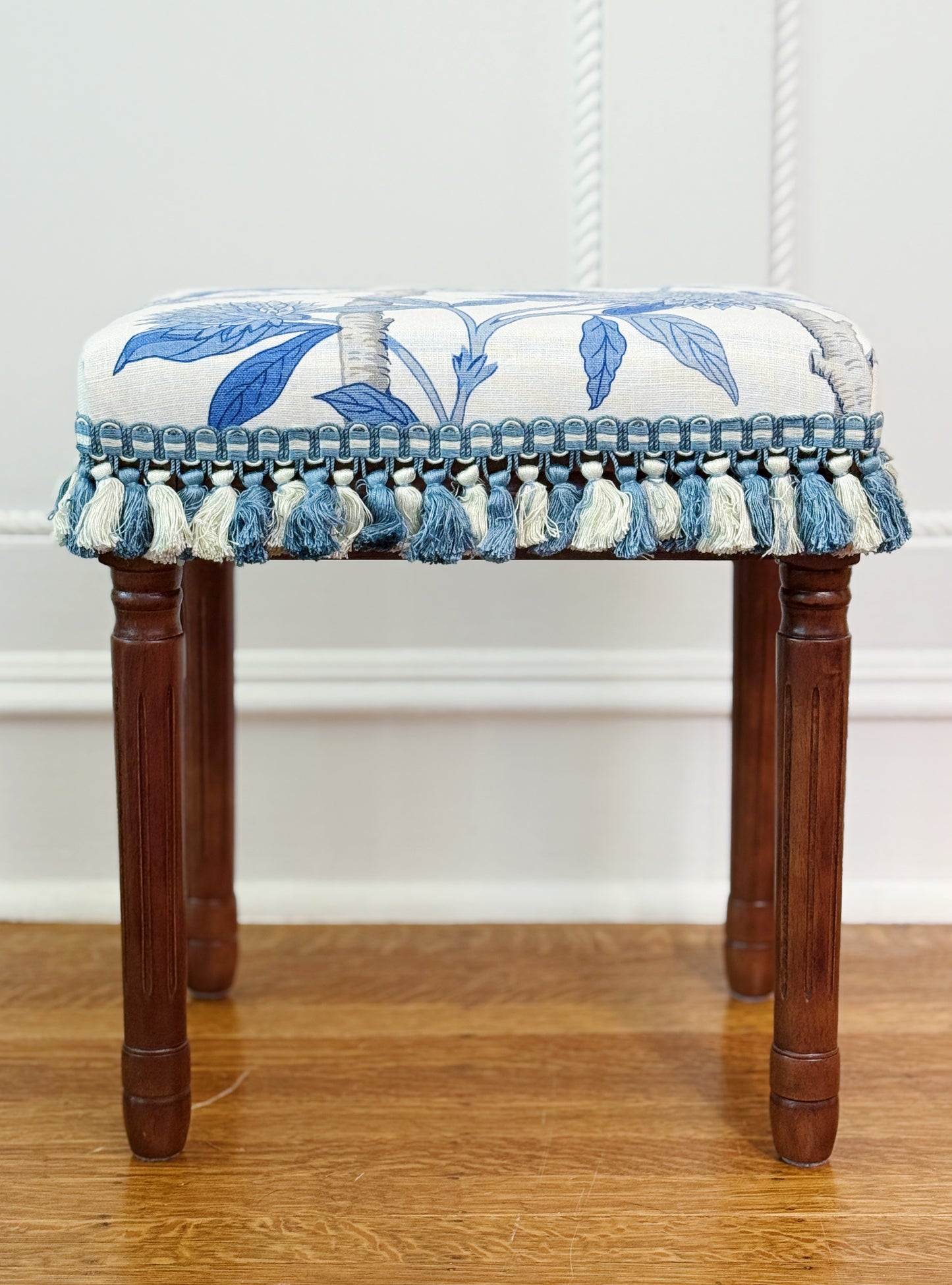 Upholstered Vanity Bench - GP & J Baker Hydrangea Bird in Blue