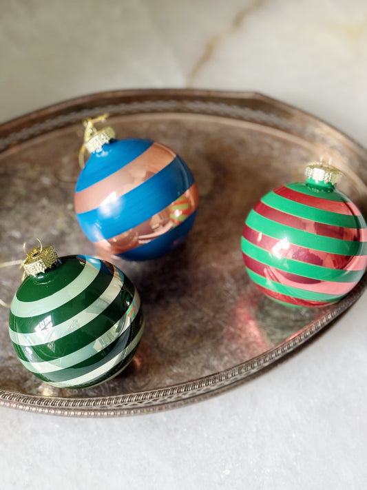 Striped Glass Christmas Ornaments - Set of 3